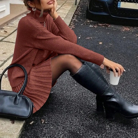 Dresses & Skirts - Brown Casual Women's Turtleneck Long Sleeve Top And Skirt Set